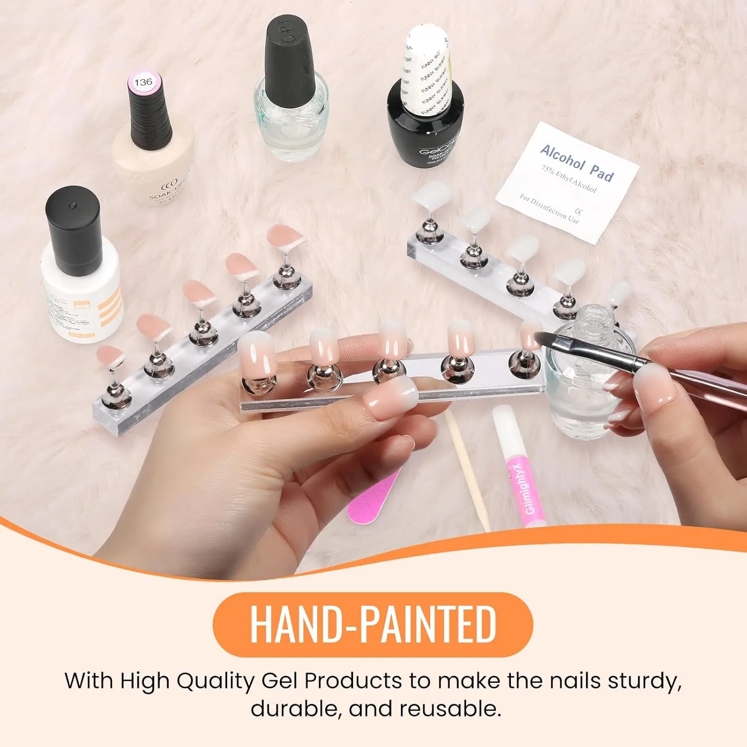 Handmade Press On Nails French Tip,GlimightyX Reusable UV Cured Fake Nails,Reusable Thick Glue On Nails with Nail Glue Kit,10 Nails,Size M,Daydream