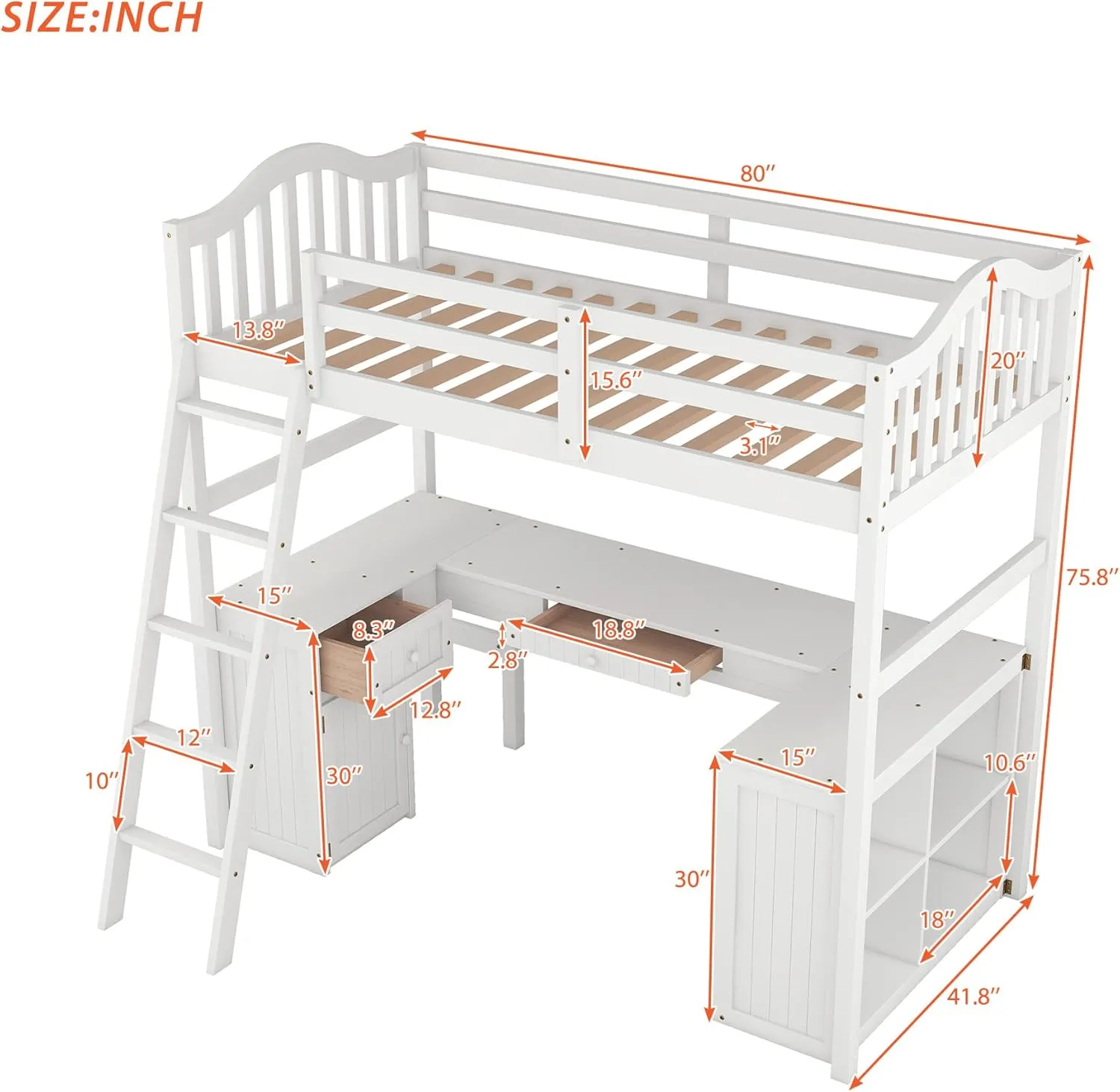 Harper & Bright Designs Twin Loft Bed with Desk, Wooden Loft Bed Frame with Storage Drawers, Cabinet, Shelves, for Kids Teens Adults (Twin Size, White)