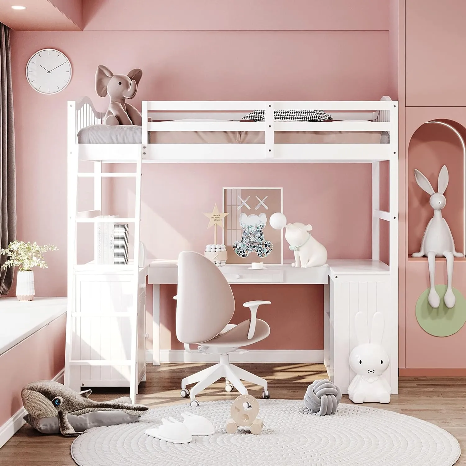 Harper & Bright Designs Twin Loft Bed with Desk, Wooden Loft Bed Frame with Storage Drawers, Cabinet, Shelves, for Kids Teens Adults (Twin Size, White)