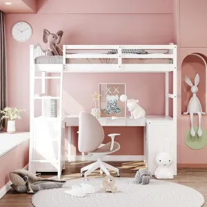 Harper & Bright Designs Twin Loft Bed with Desk, Wooden Loft Bed Frame with Storage Drawers, Cabinet, Shelves, for Kids Teens Adults (Twin Size, White)