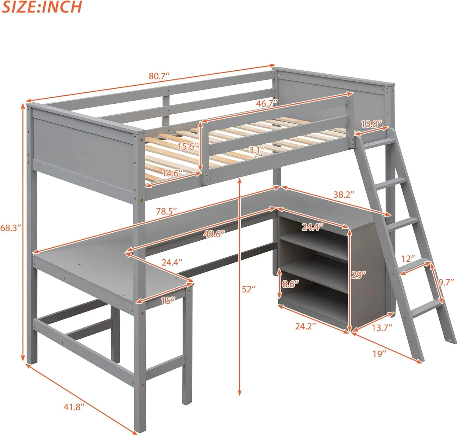 Harper & Bright Designs Twin Size Loft Bed with Desk and Shelves, Wooden Loft Bed with Storage, for Kids Teens Adults (Gray)