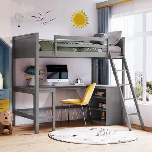 Harper & Bright Designs Twin Size Loft Bed with Desk and Shelves, Wooden Loft Bed with Storage, for Kids Teens Adults (Gray)