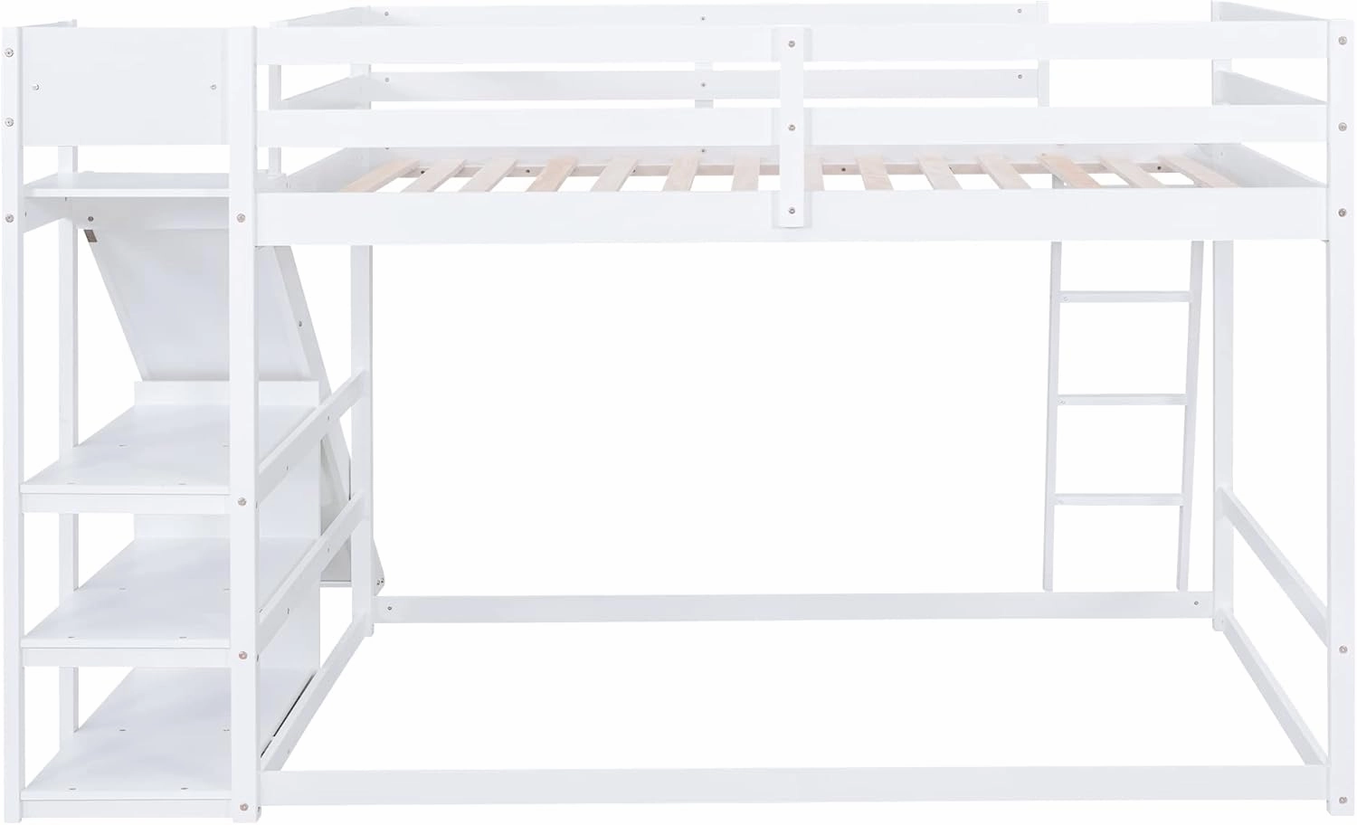 Harper & Bright Designs Full Over Full Bunk Bed with Slide, Bookshelves and Ladders, Solid Wood Floor Bunk Loft Bed Frame for Kids Girls Boys (White)