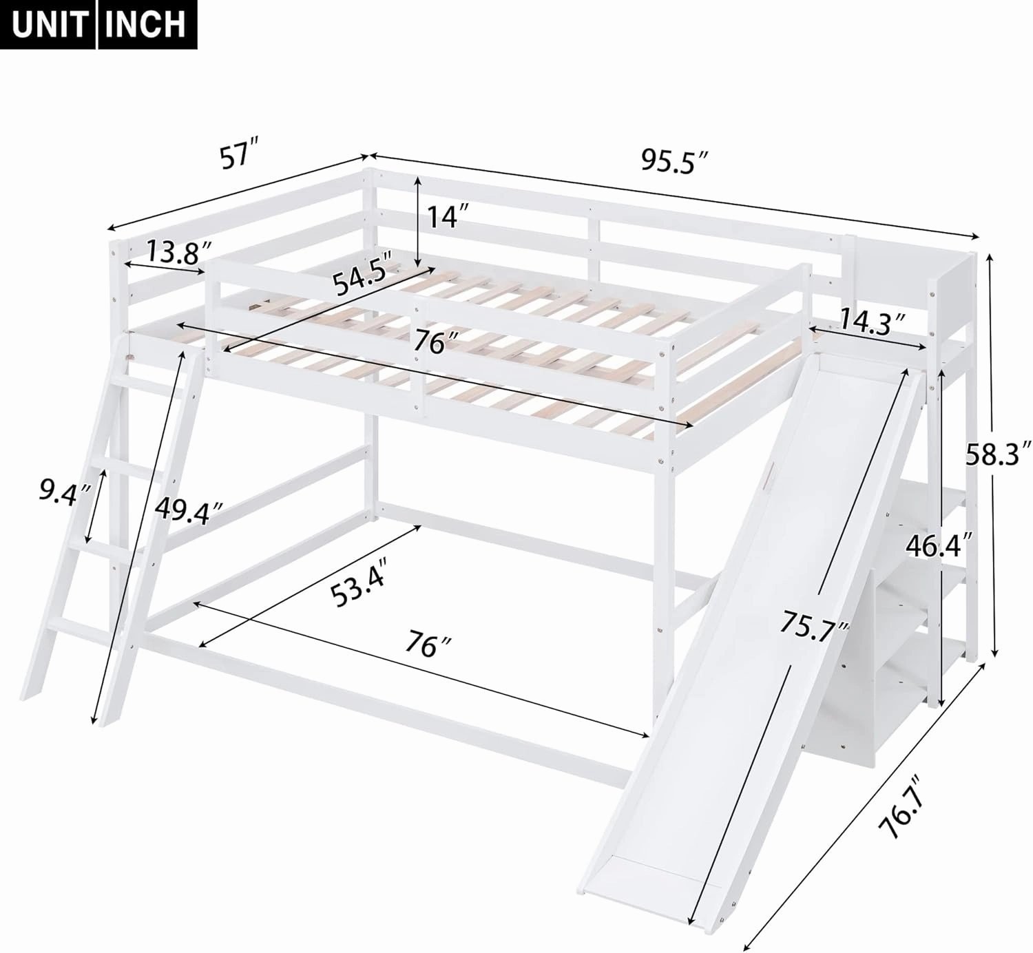 Harper & Bright Designs Full Over Full Bunk Bed with Slide, Bookshelves and Ladders, Solid Wood Floor Bunk Loft Bed Frame for Kids Girls Boys (White)