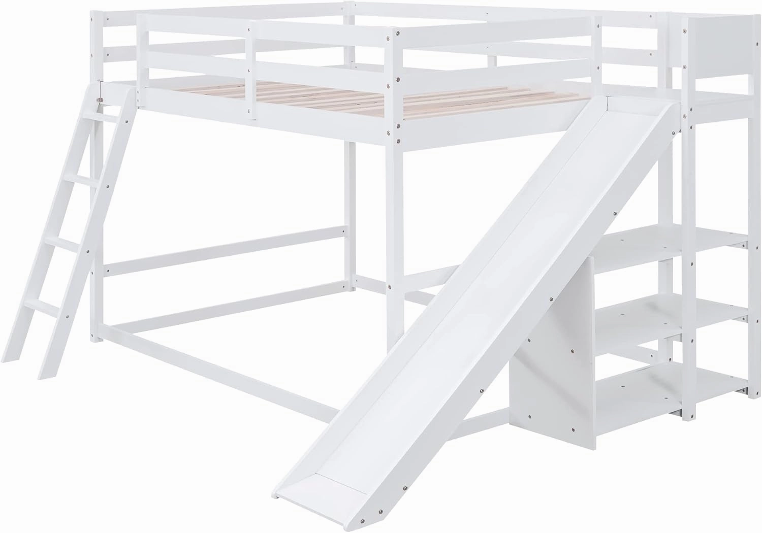 Harper & Bright Designs Full Over Full Bunk Bed with Slide, Bookshelves and Ladders, Solid Wood Floor Bunk Loft Bed Frame for Kids Girls Boys (White)