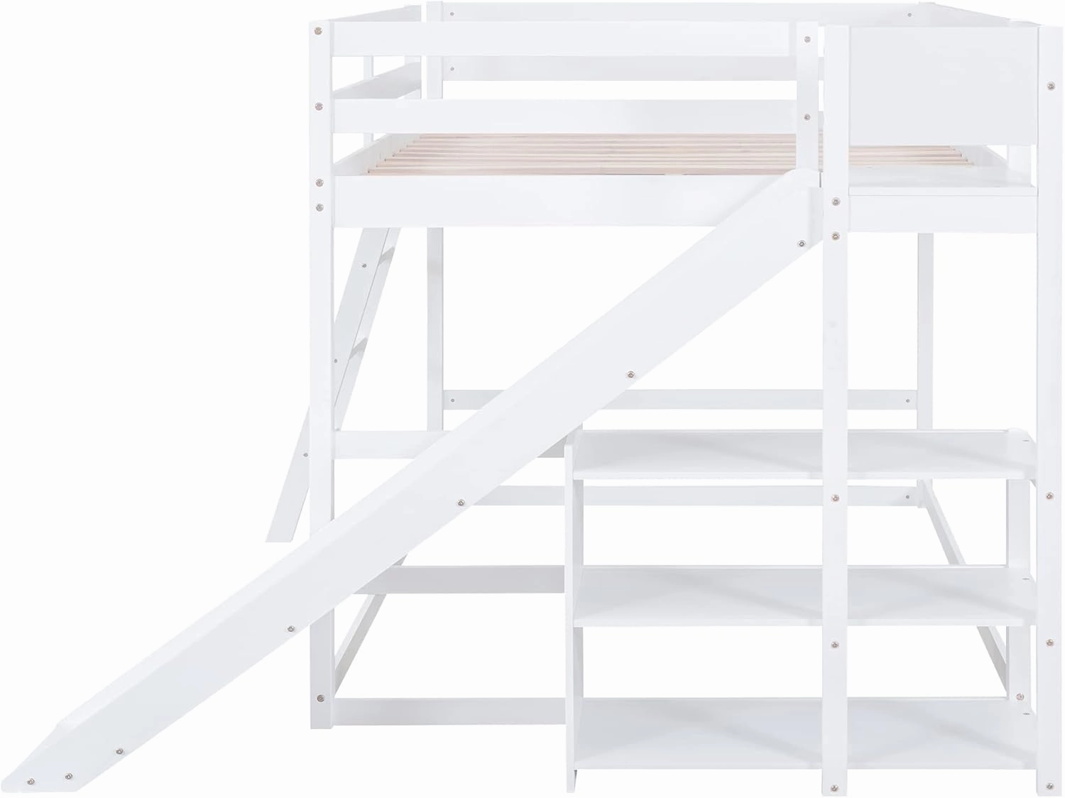 Harper & Bright Designs Full Over Full Bunk Bed with Slide, Bookshelves and Ladders, Solid Wood Floor Bunk Loft Bed Frame for Kids Girls Boys (White)