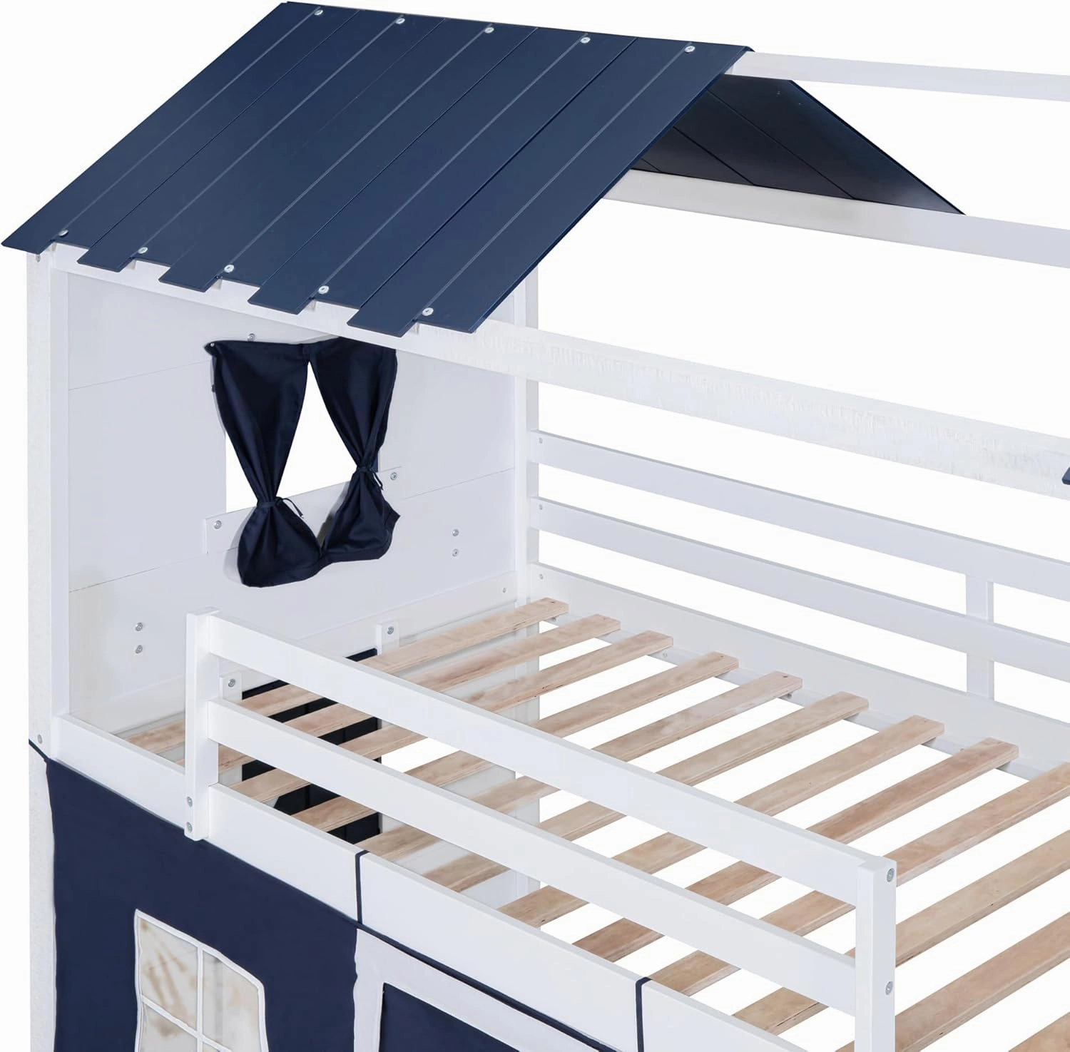 Harper & Bright Designs House Twin Loft Bunk Bed with Tent,Kids Twin Loft Bed with Ladders,Guardrail,Windows & Roof, Wood Twin Over Twin Playhouse Bunk Bed for Kids Teens Boys & Girls (Blue & White)