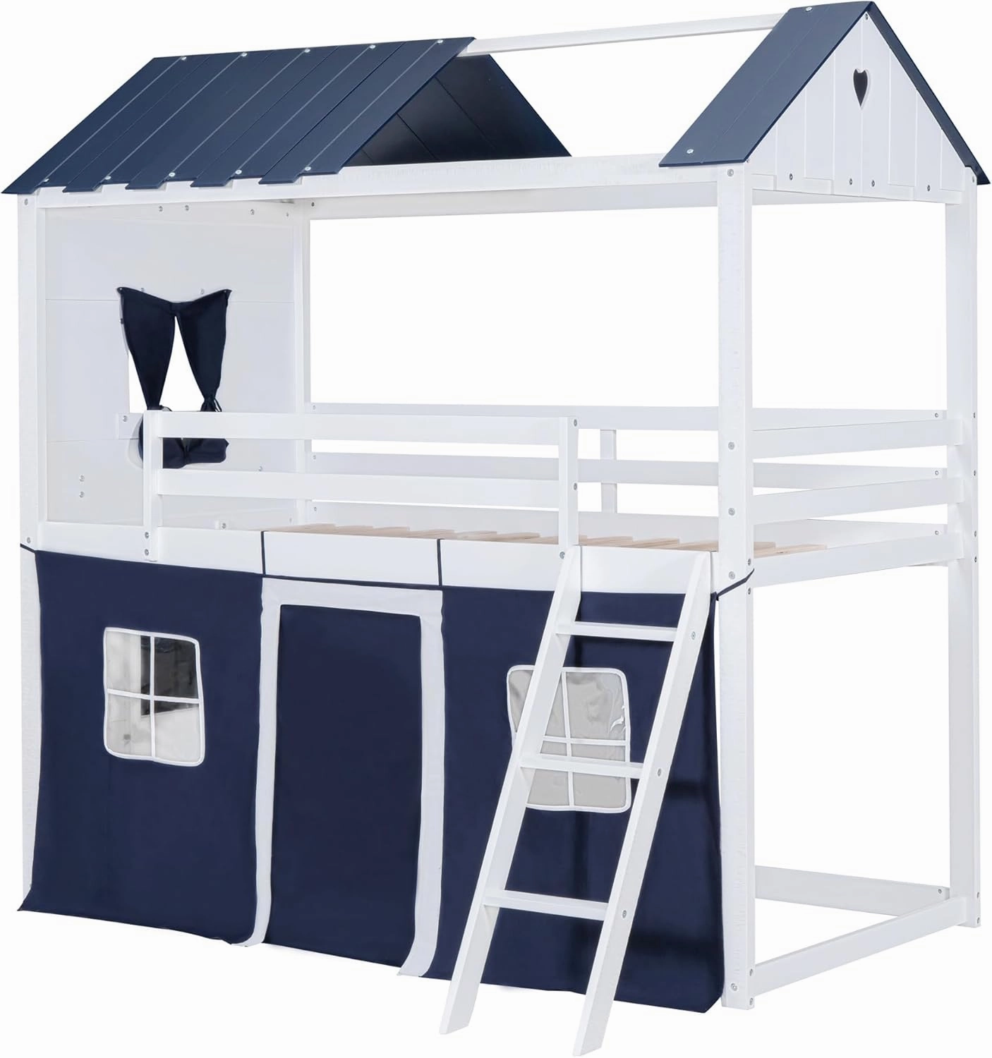 Harper & Bright Designs House Twin Loft Bunk Bed with Tent,Kids Twin Loft Bed with Ladders,Guardrail,Windows & Roof, Wood Twin Over Twin Playhouse Bunk Bed for Kids Teens Boys & Girls (Blue & White)