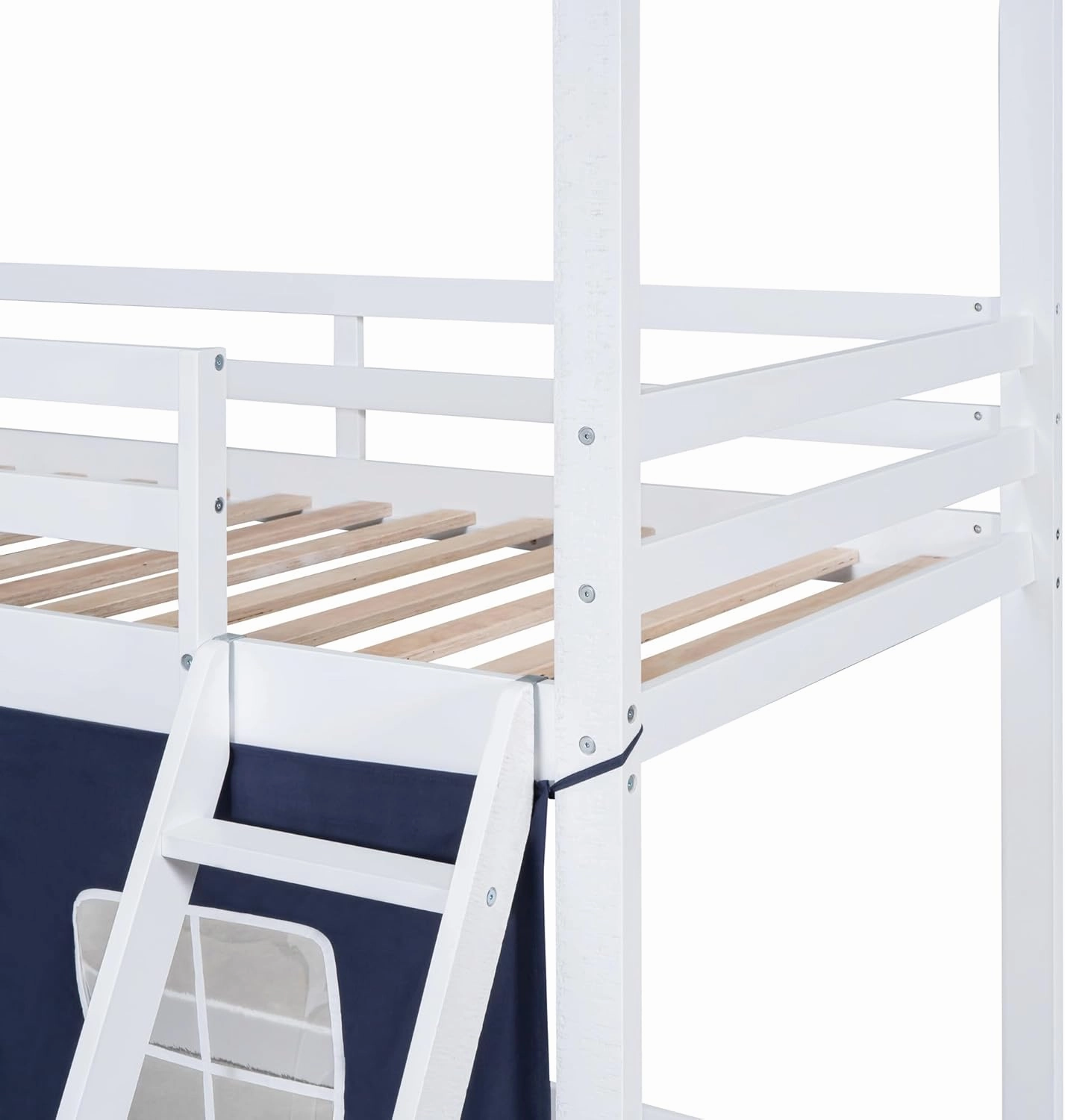 Harper & Bright Designs House Twin Loft Bunk Bed with Tent,Kids Twin Loft Bed with Ladders,Guardrail,Windows & Roof, Wood Twin Over Twin Playhouse Bunk Bed for Kids Teens Boys & Girls (Blue & White)