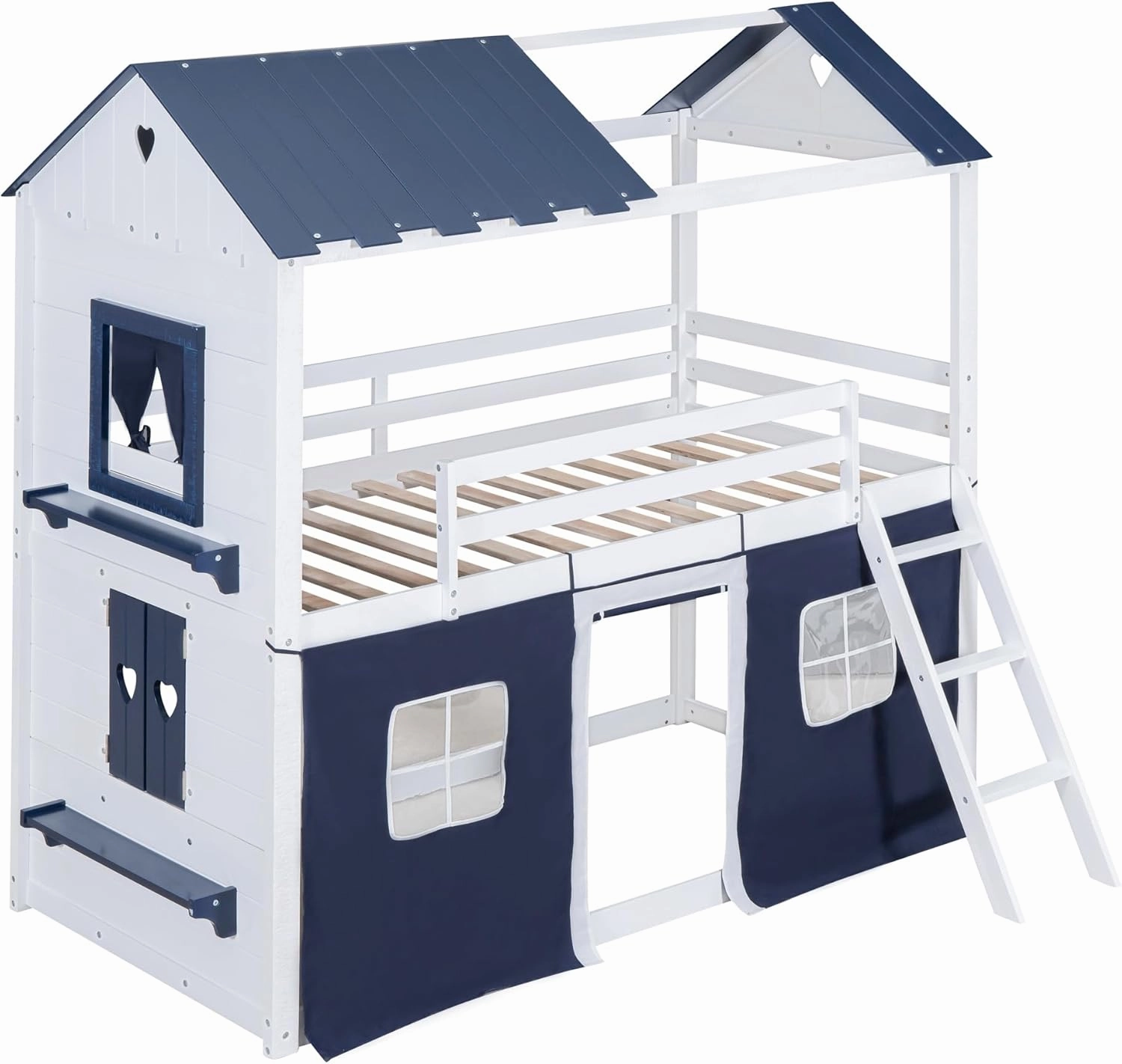 Harper & Bright Designs House Twin Loft Bunk Bed with Tent,Kids Twin Loft Bed with Ladders,Guardrail,Windows & Roof, Wood Twin Over Twin Playhouse Bunk Bed for Kids Teens Boys & Girls (Blue & White)