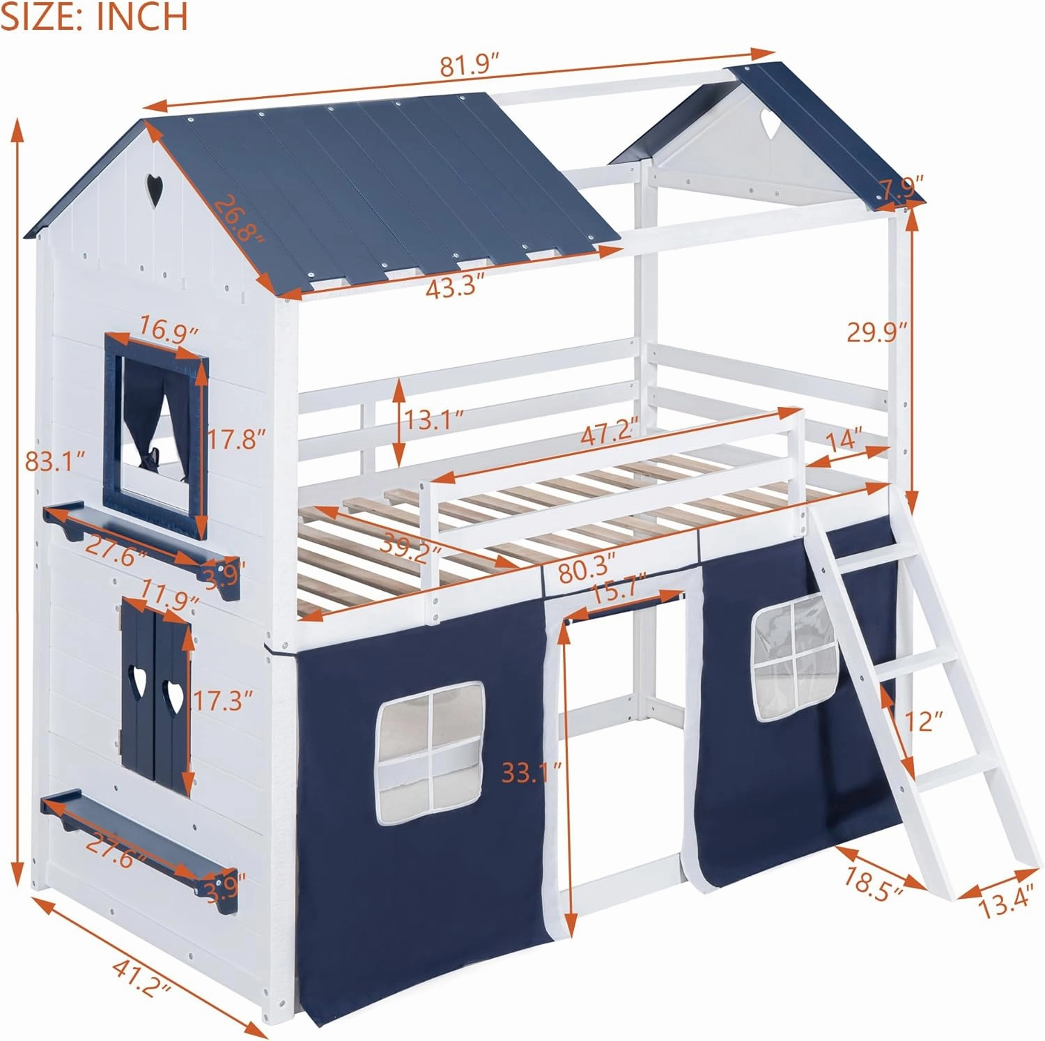 Harper & Bright Designs House Twin Loft Bunk Bed with Tent,Kids Twin Loft Bed with Ladders,Guardrail,Windows & Roof, Wood Twin Over Twin Playhouse Bunk Bed for Kids Teens Boys & Girls (Blue & White)
