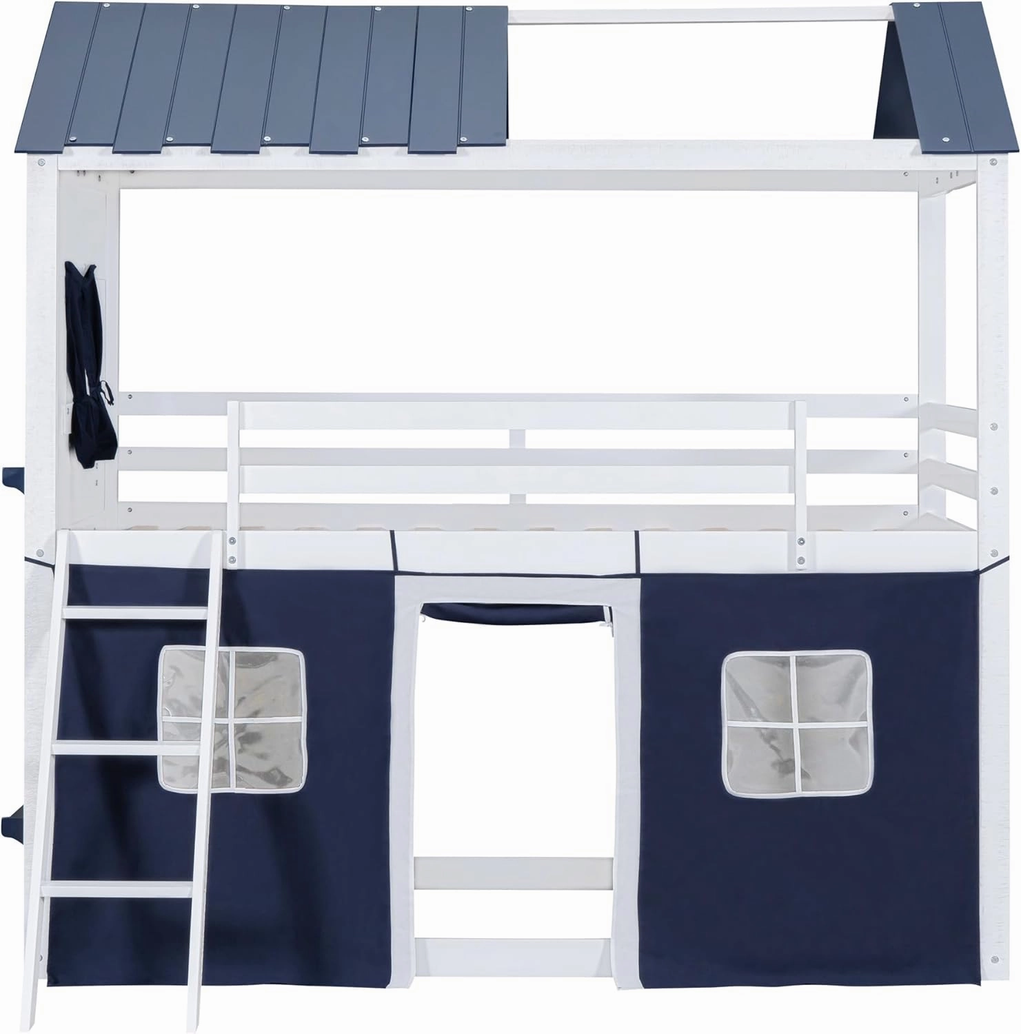 Harper & Bright Designs House Twin Loft Bunk Bed with Tent,Kids Twin Loft Bed with Ladders,Guardrail,Windows & Roof, Wood Twin Over Twin Playhouse Bunk Bed for Kids Teens Boys & Girls (Blue & White)