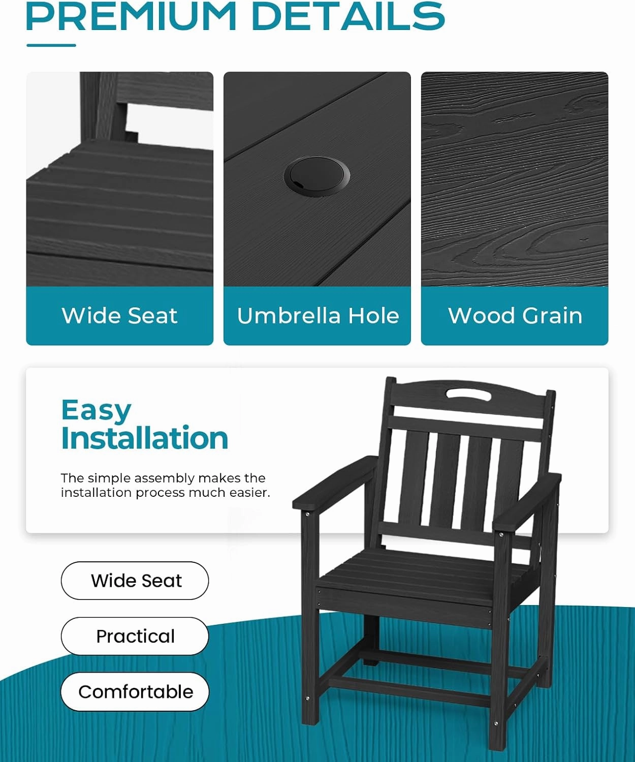 HDPE Outdoor Dining Set 7-Piece Outdoor Table and Chairs with Umbrella Hole, All-Weather Patio Dining Set for 6, Durable Patio Furniture Set for Backyard, Garden, Lawn & Poolside, Black