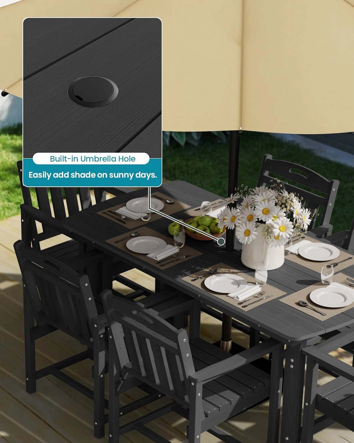 HDPE Outdoor Dining Set 7-Piece Outdoor Table and Chairs with Umbrella Hole, All-Weather Patio Dining Set for 6, Durable Patio Furniture Set for Backyard, Garden, Lawn & Poolside, Black
