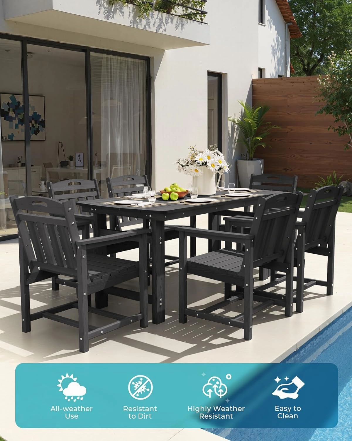 HDPE Outdoor Dining Set 7-Piece Outdoor Table and Chairs with Umbrella Hole, All-Weather Patio Dining Set for 6, Durable Patio Furniture Set for Backyard, Garden, Lawn & Poolside, Black