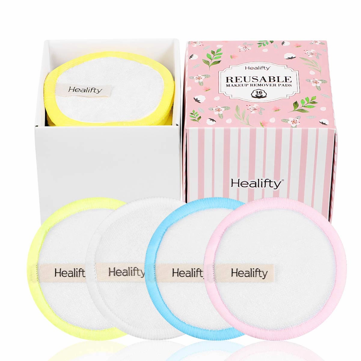 Healifty Reusable Cotton Pads - 16 PCS - Bamboo Makeup Remover Pads with Laundry Bag, Organic, Eco-friendly, Soft, 3 Layer Thicken, Diameter 8cm
