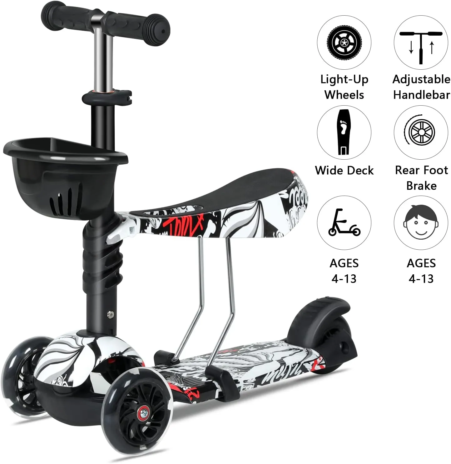 Healsmart Kids Kick Scooter, 3-Wheel Scooter for Ages 2-12 Boys & Girls, Foldable Height Adjustable Self Balancing Handlebar, Extra Wide Wheels LED Lighted and Double-Layer Deck