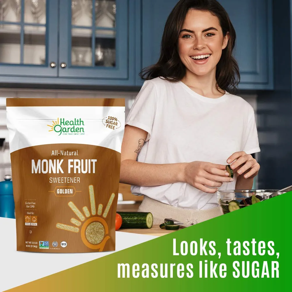 Health Garden Monk Fruit Sweetener, Golden- Non GMO - Gluten Free - 1:1 Sugar Substitute - Kosher - Keto Friendly (2.5 lbs)