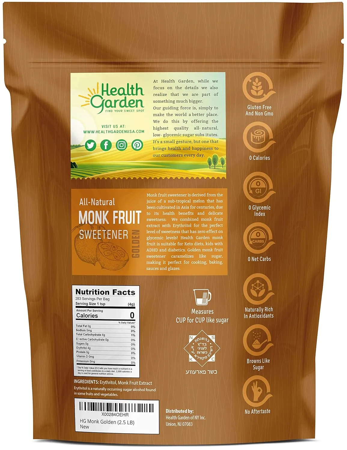 Health Garden Monk Fruit Sweetener, Golden- Non GMO - Gluten Free - 1:1 Sugar Substitute - Kosher - Keto Friendly (2.5 lbs)