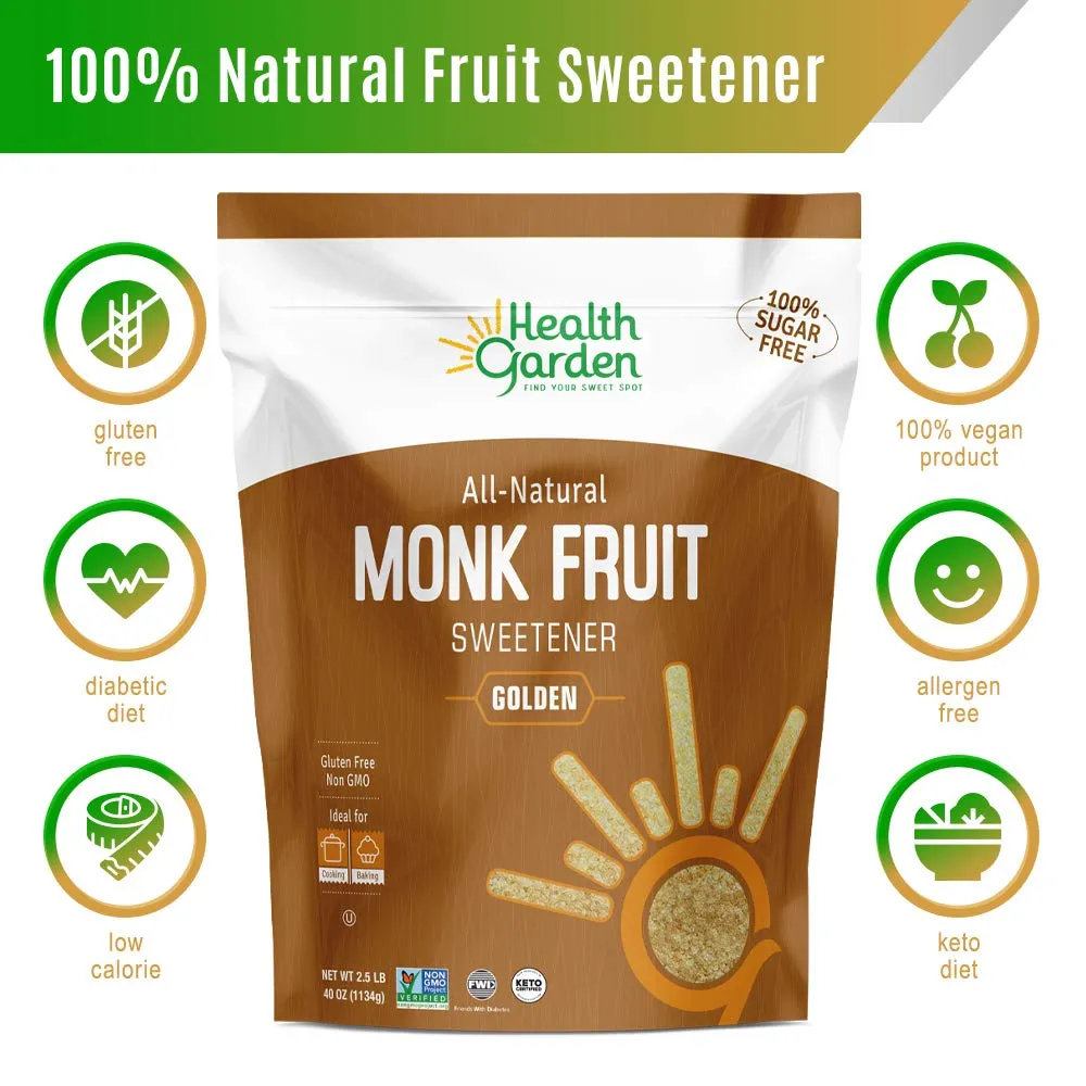 Health Garden Monk Fruit Sweetener, Golden- Non GMO - Gluten Free - 1:1 Sugar Substitute - Kosher - Keto Friendly (2.5 lbs)