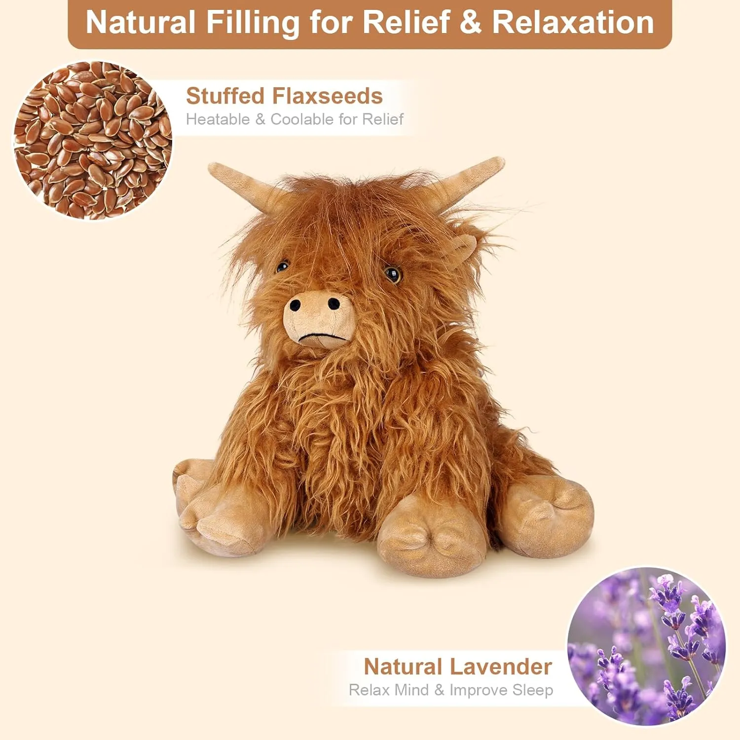 Heatable & Coolable Highland Cow Stuffed Animals Plushie, Microwavable Heating Pad for Soothing & Relaxation, Lavender Scented Cattle Plush Toys for Stress Relief, Stuffed Cow Gifts