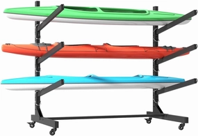 Heavy-Duty Kayak Storage Rack with Lockable Wheels, Freestanding 3-Kayak Holder for Garage, Adjustable Indoor/Outdoor Kayak Stand for Canoes, SUP, Paddleboards, Black