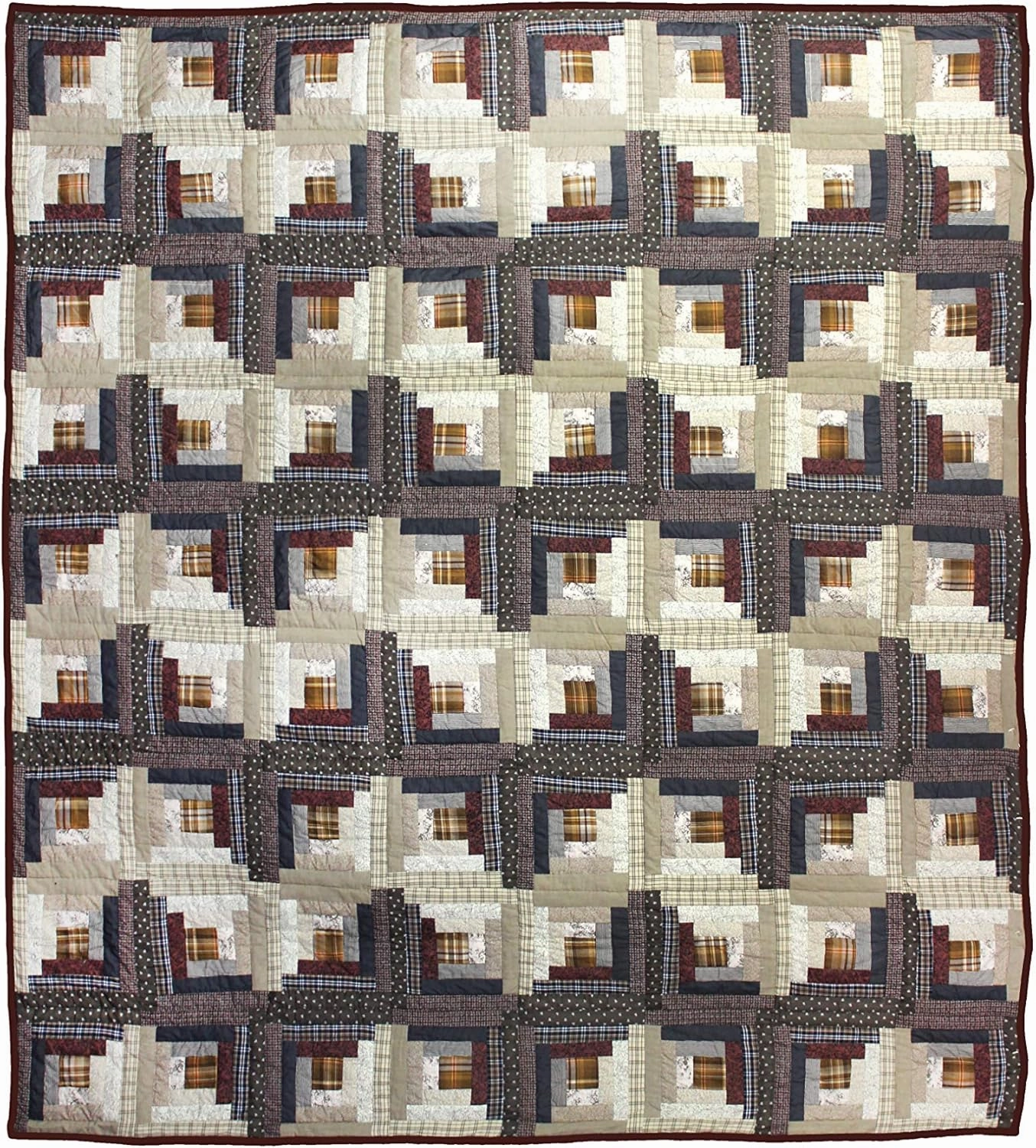 Heritage Log Cabin Super King Quilt - 5 Pieces Set (Contains Quilt-110 Wx96 L, Pillow Shams-21 x27, Toss Pillow-16 x16 & Bed Skirt-76 x80), Hand-Cut and Patchwork Cotton Fabric Blocks