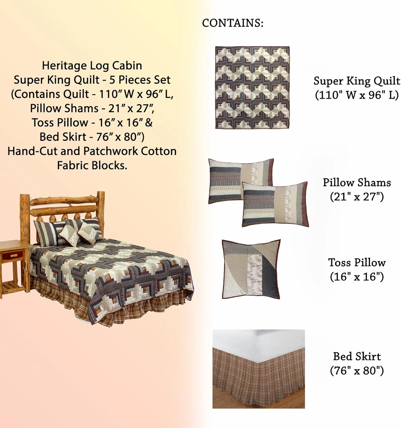 Heritage Log Cabin Super King Quilt - 5 Pieces Set (Contains Quilt-110 Wx96 L, Pillow Shams-21 x27, Toss Pillow-16 x16 & Bed Skirt-76 x80), Hand-Cut and Patchwork Cotton Fabric Blocks