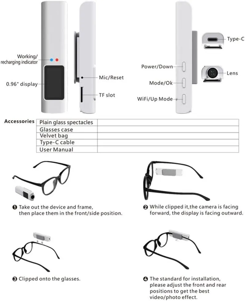 High-Resolution 2.7K Wearable Camera, Portable Small Digital Video Body Camera, Head Mounted Sports Camera, Video Recording Camera Glasses for Travelers/Business (White 1pcs)