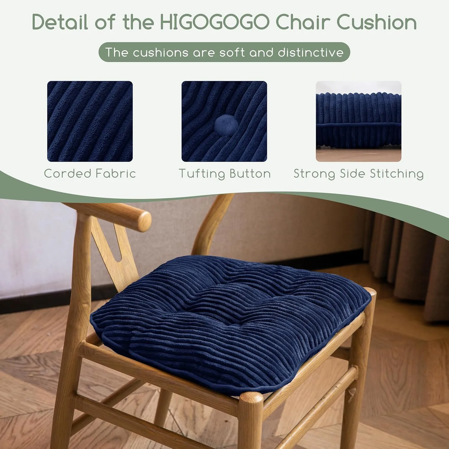 HIGOGOGO D-Shaped Home Chair Pad Cushion with Tufted Corduroy Cover, 2.5 Inch Thick Supportive Cushion, Overstuffed Chair Cushion, Set of 2, Navy