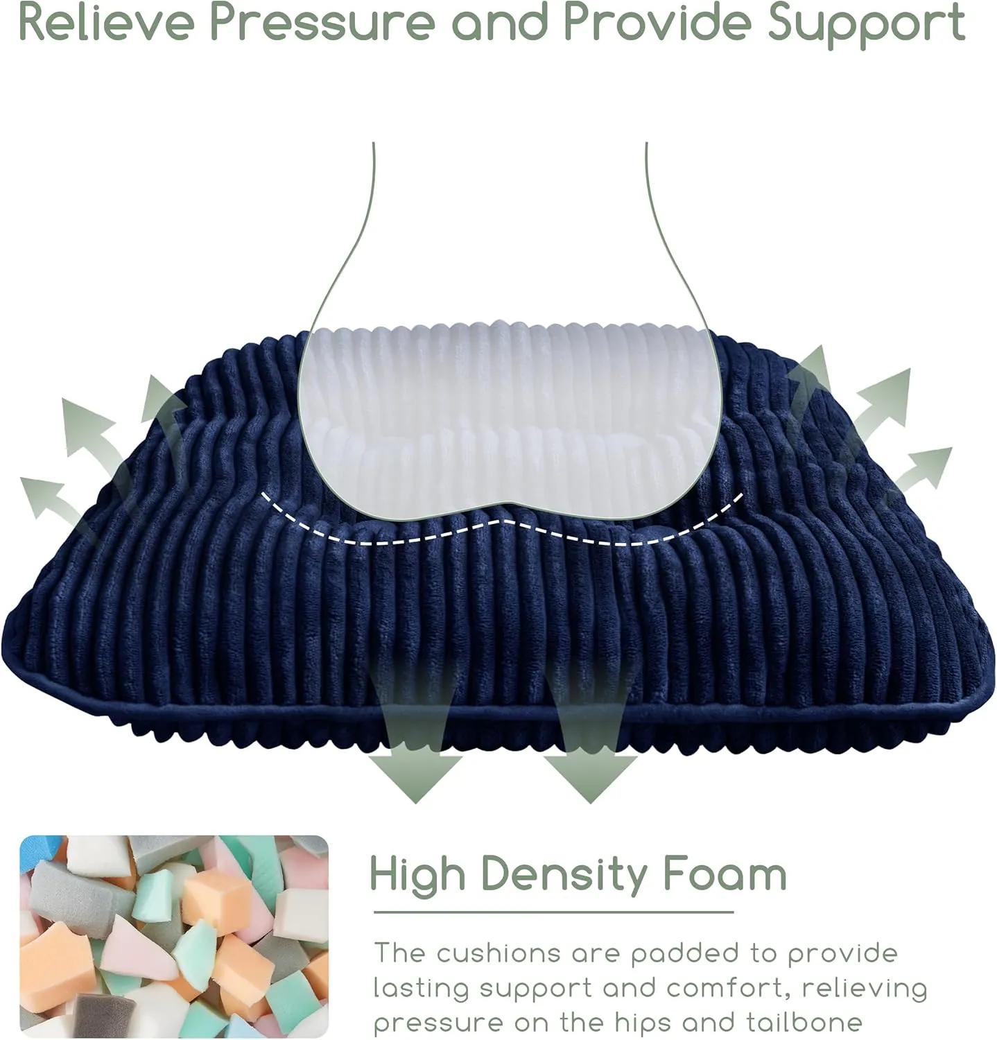 HIGOGOGO D-Shaped Home Chair Pad Cushion with Tufted Corduroy Cover, 2.5 Inch Thick Supportive Cushion, Overstuffed Chair Cushion, Set of 2, Navy