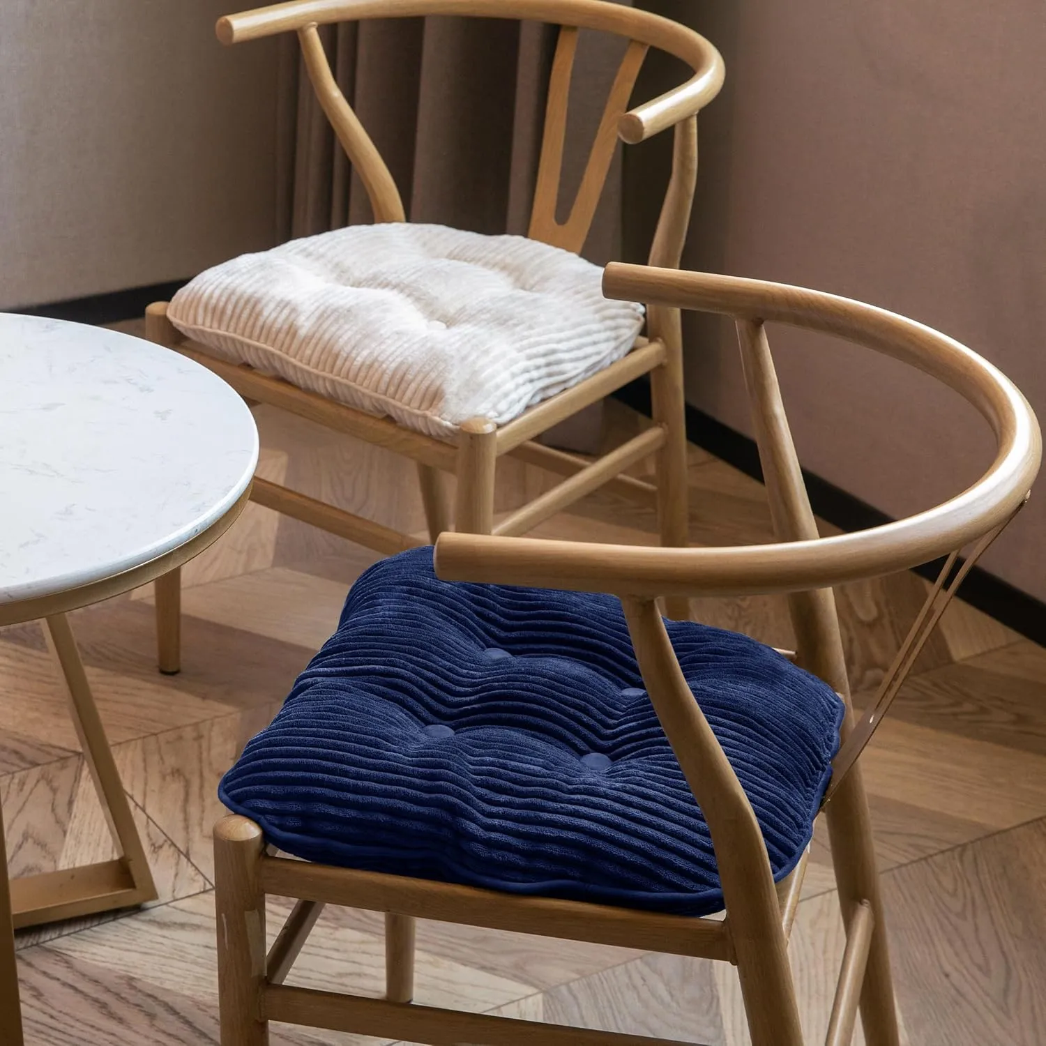 HIGOGOGO D-Shaped Home Chair Pad Cushion with Tufted Corduroy Cover, 2.5 Inch Thick Supportive Cushion, Overstuffed Chair Cushion, Set of 2, Navy