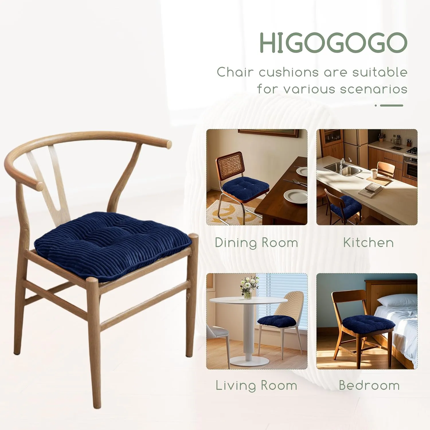 HIGOGOGO D-Shaped Home Chair Pad Cushion with Tufted Corduroy Cover, 2.5 Inch Thick Supportive Cushion, Overstuffed Chair Cushion, Set of 2, Navy