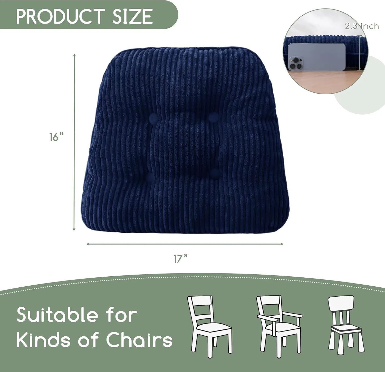 HIGOGOGO D-Shaped Home Chair Pad Cushion with Tufted Corduroy Cover, 2.5 Inch Thick Supportive Cushion, Overstuffed Chair Cushion, Set of 2, Navy