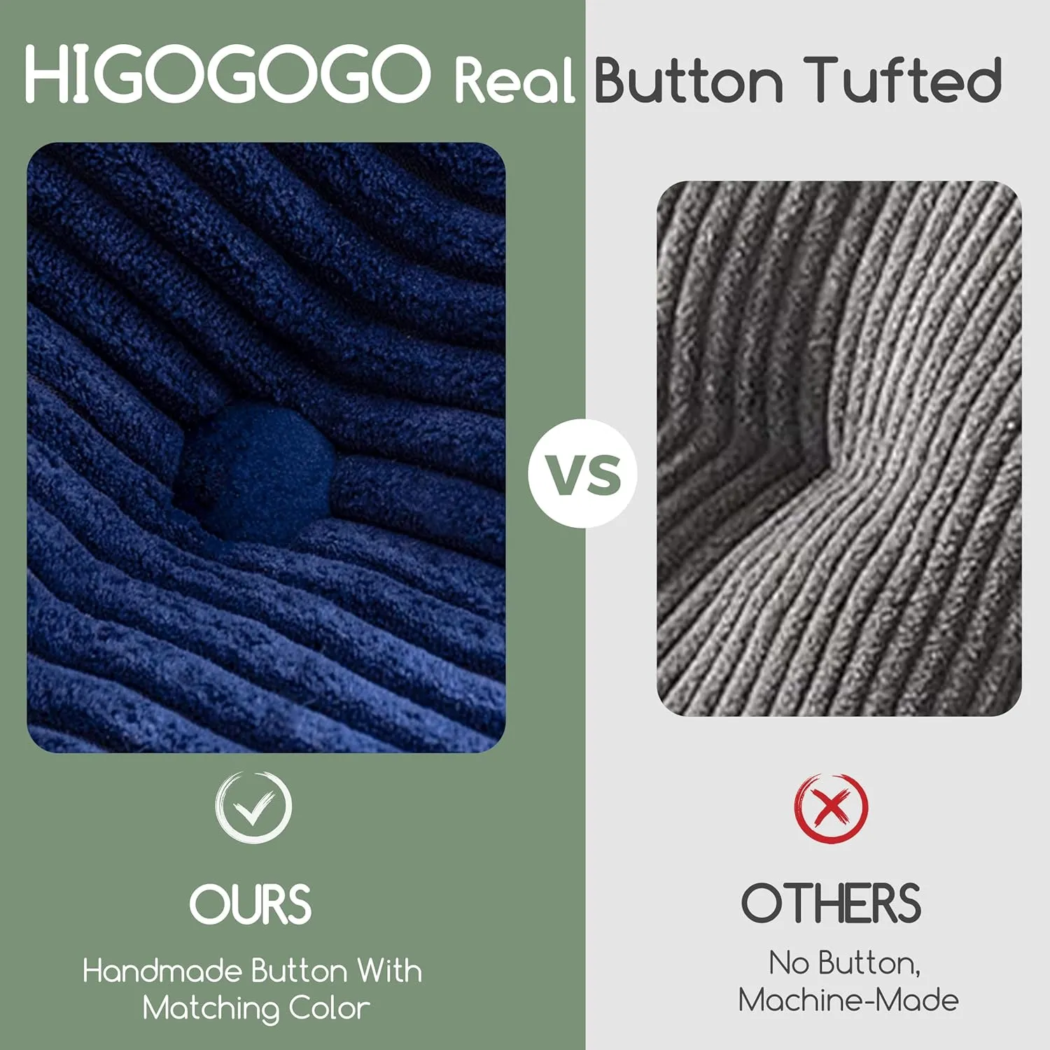 HIGOGOGO D-Shaped Home Chair Pad Cushion with Tufted Corduroy Cover, 2.5 Inch Thick Supportive Cushion, Overstuffed Chair Cushion, Set of 2, Navy