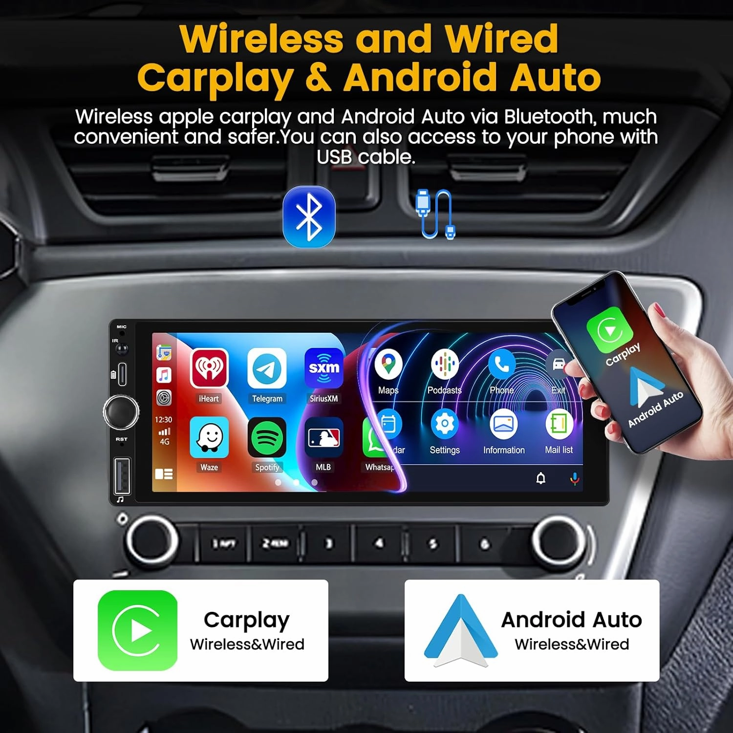 Hikity 6.86 Inch Wireless Carplay Car Stereo Single Din Touchscreen Car Radio with Bluetooth 5.0 Android Auto Mirror Link Type-C Car Audio Receiver with USB GPS AUX EQ