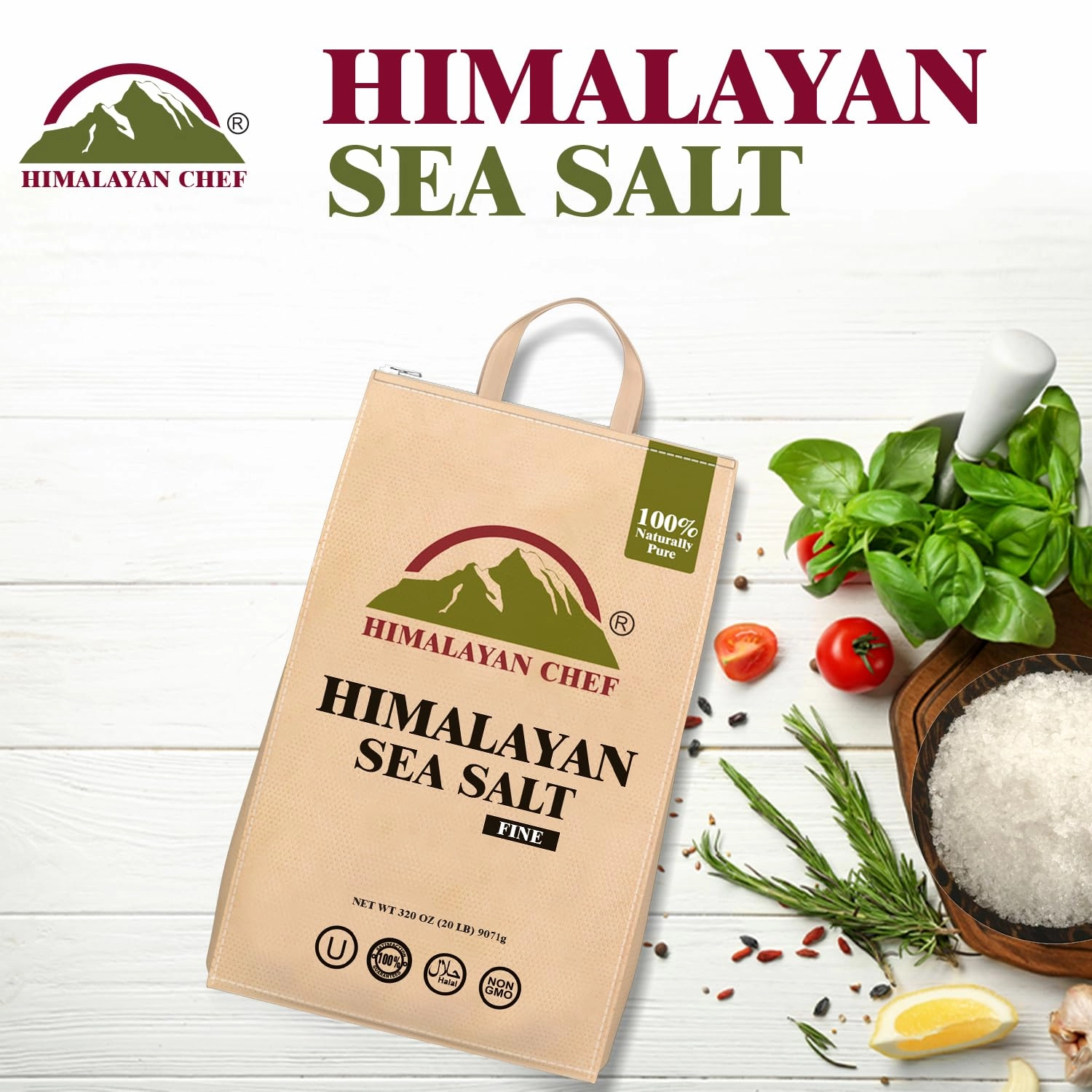 Himalayan Chef Gourmet Sea Salt, Fine Grain 320 Ounce, Classic Sea Salts, All-Natural & Pure, Unrefined, Gluten Free, Sea Salt for Daily Cooking, 20 lbs/Each, Pack of 2