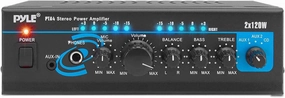 Home Audio Power Amplifier System - 2X120W Mini Dual Channel Mixer Sound Stereo Receiver Box w/ RCA, AUX, Mic Input - For Amplified Speakers, PA, CD Player, Theater, Studio Use - Pyle PTA4 Black