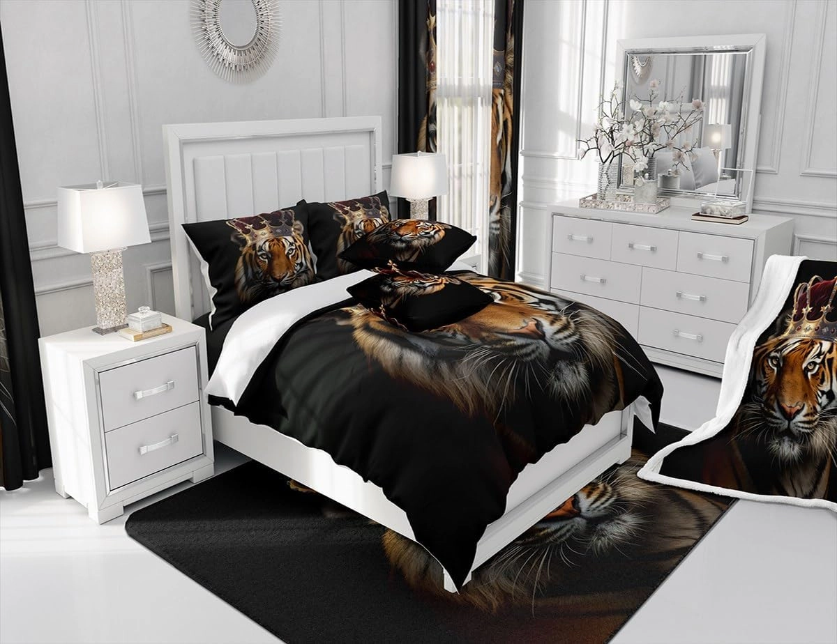 Homewish Wild Tiger Bedding Set Twin Size,3D Wildlife African Tropical Animal Comforter Cover Set for Kids Girls,Golden Crown Print Black Bedding Quilt Cover Set Bedroom Decor, 2 Pcs