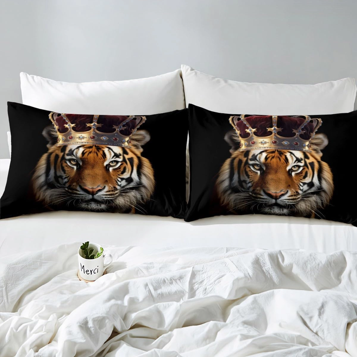 Homewish Wild Tiger Bedding Set Twin Size,3D Wildlife African Tropical Animal Comforter Cover Set for Kids Girls,Golden Crown Print Black Bedding Quilt Cover Set Bedroom Decor, 2 Pcs
