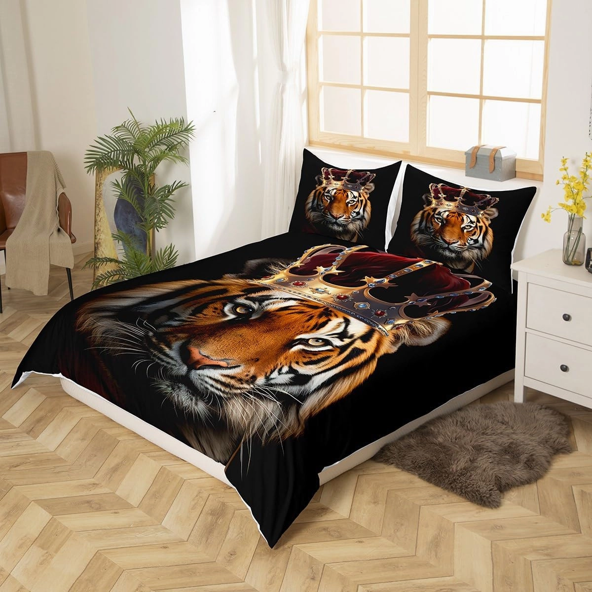 Homewish Wild Tiger Bedding Set Twin Size,3D Wildlife African Tropical Animal Comforter Cover Set for Kids Girls,Golden Crown Print Black Bedding Quilt Cover Set Bedroom Decor, 2 Pcs
