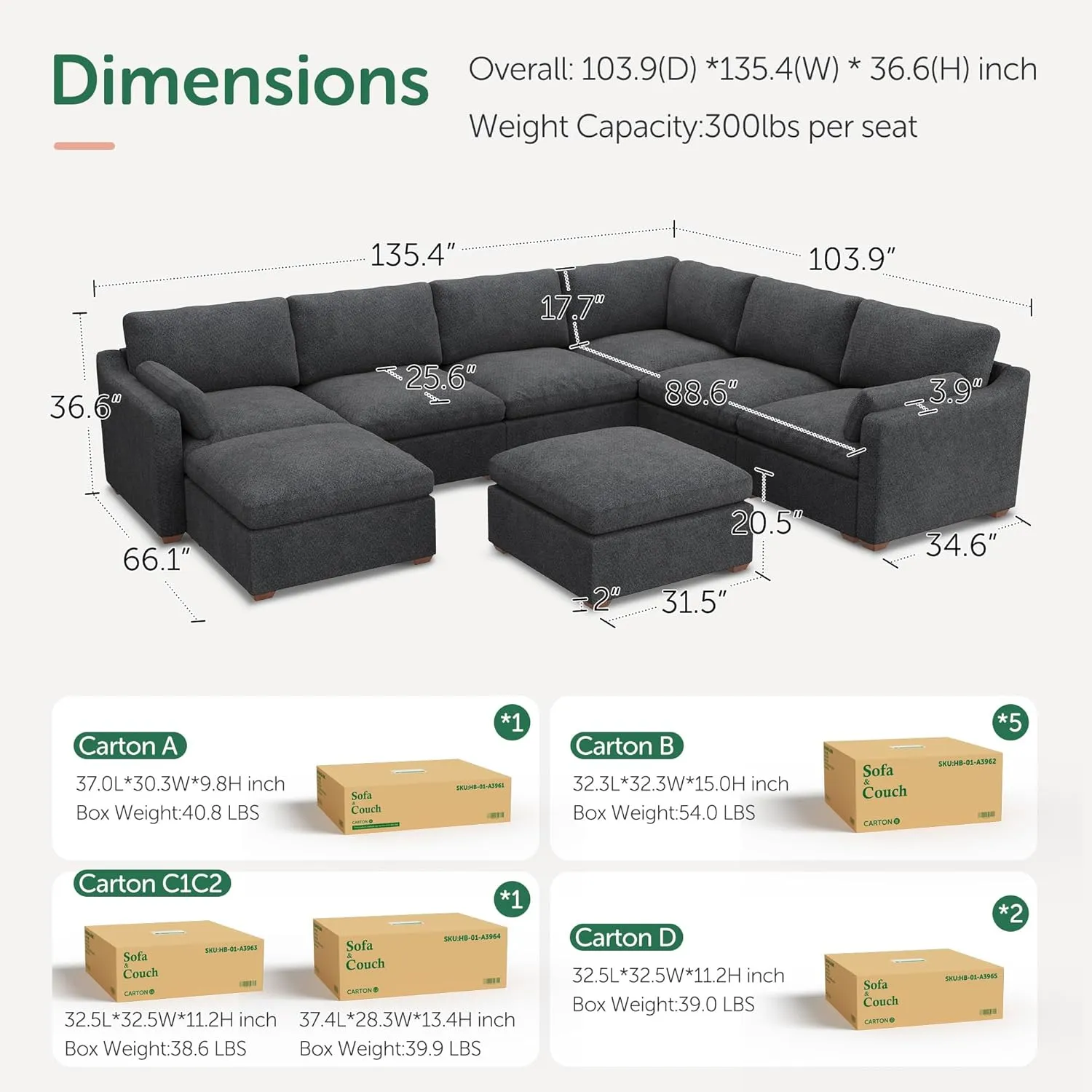 HONBAY Modular Cloud Couch Chenille Sectional Modular Sofa Oversized Cloud Sofa with Movable Ottoman, Dark Grey