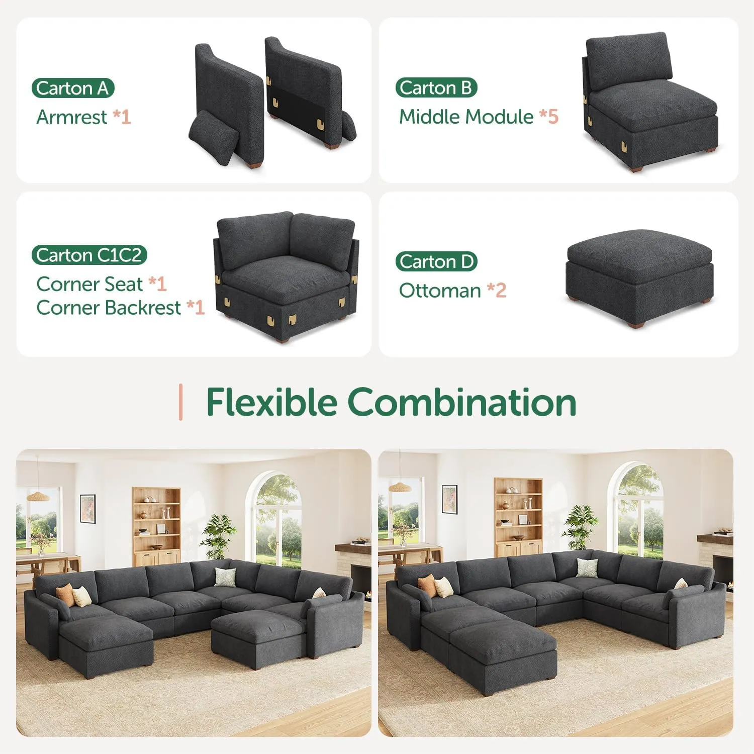 HONBAY Modular Cloud Couch Chenille Sectional Modular Sofa Oversized Cloud Sofa with Movable Ottoman, Dark Grey