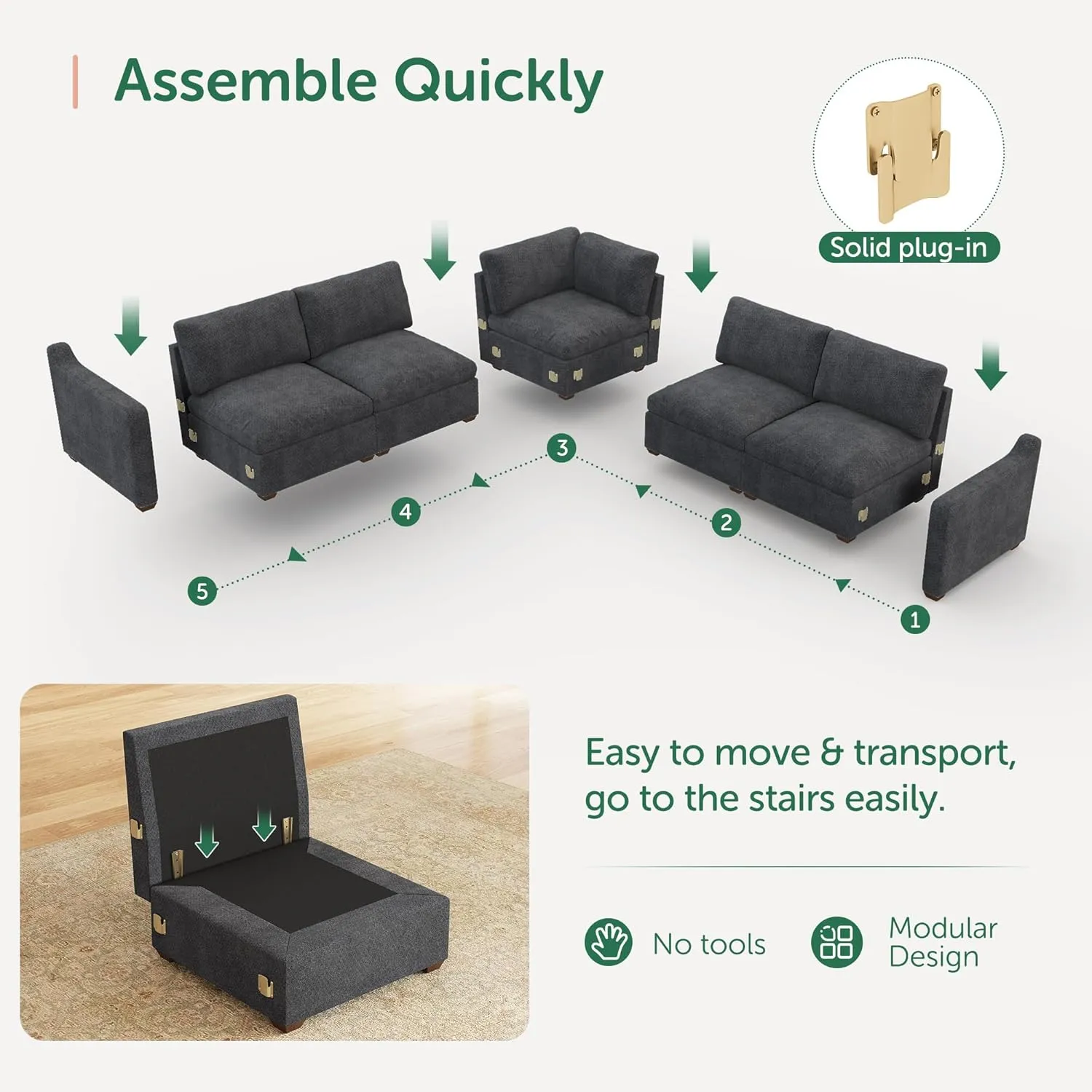 HONBAY Modular Cloud Couch Chenille Sectional Modular Sofa Oversized Cloud Sofa with Movable Ottoman, Dark Grey