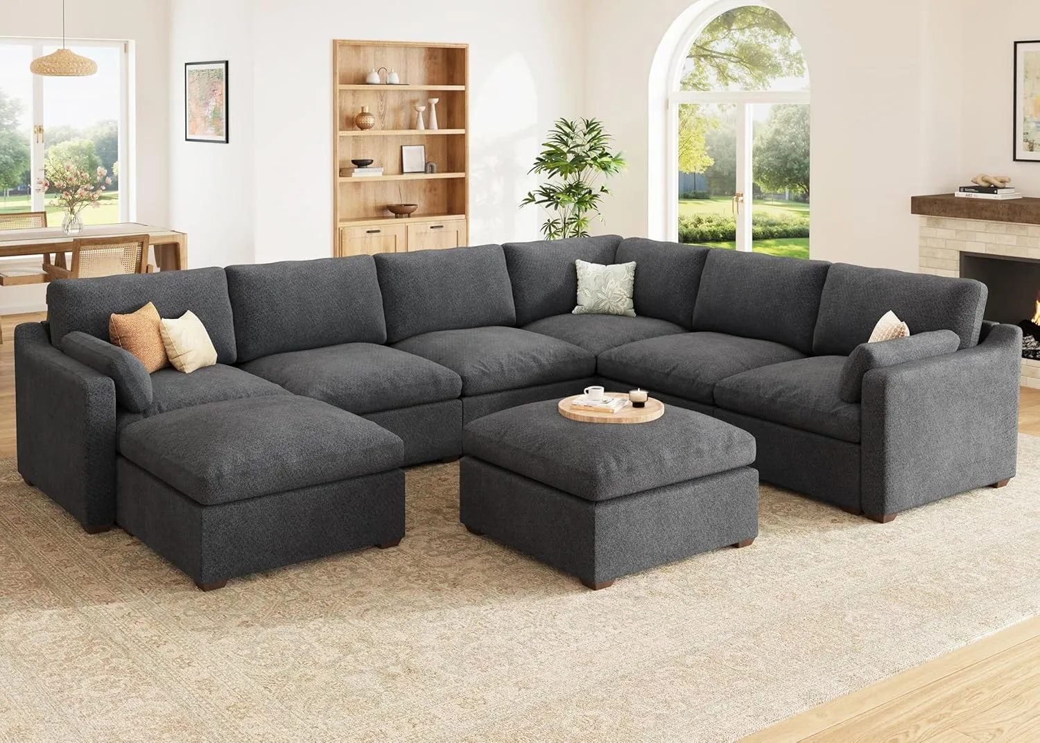 HONBAY Modular Cloud Couch Chenille Sectional Modular Sofa Oversized Cloud Sofa with Movable Ottoman, Dark Grey