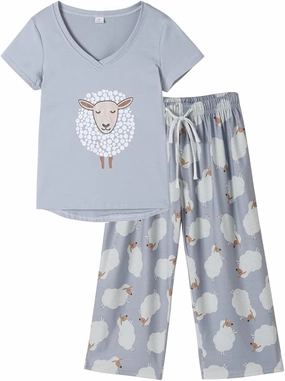 HONG HUI Women's Capri Pajama Sets Plus Size Sleepwear Top with Capri Pants 2 Piece Sleep Set