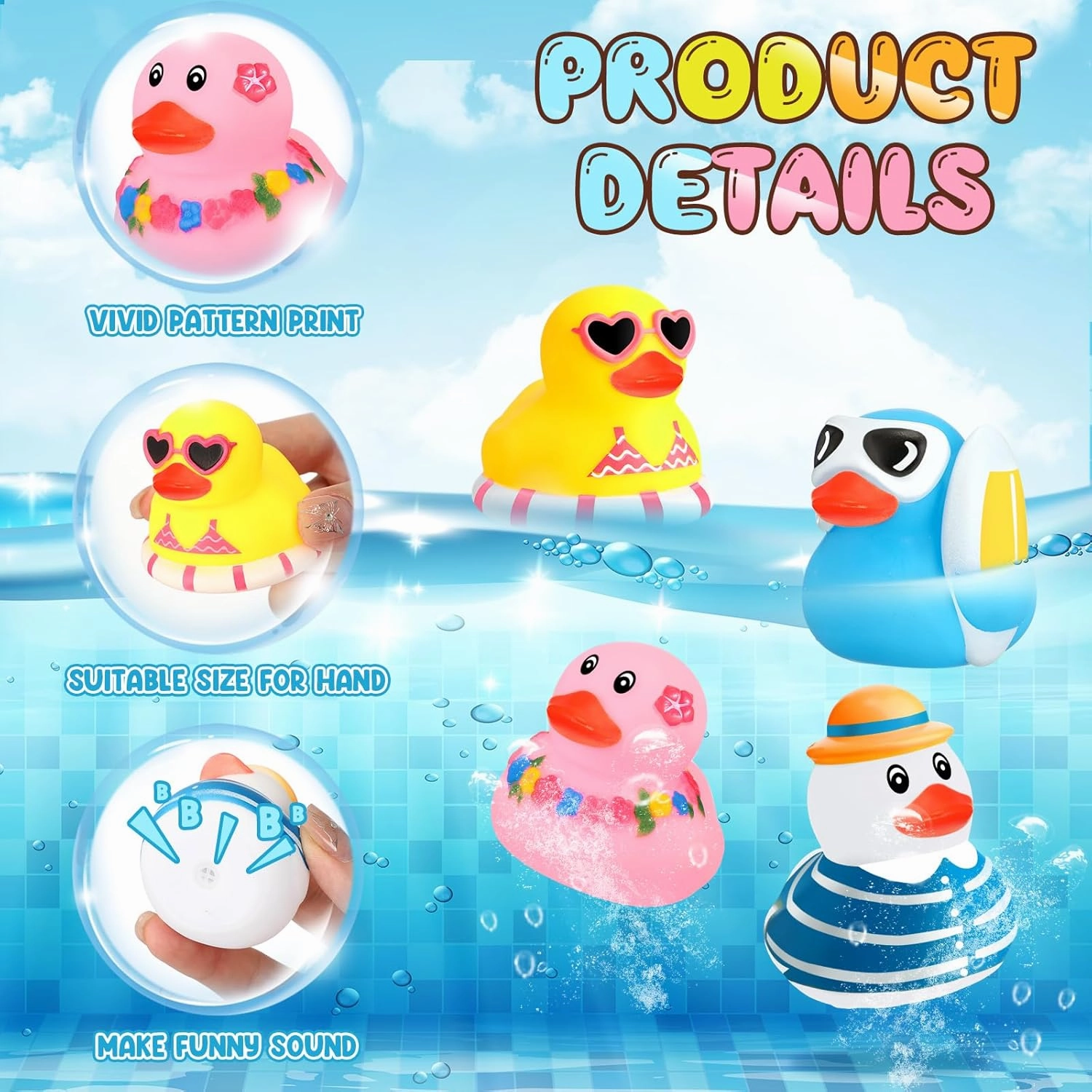 Honoson 48 Pcs Summer Beach Rubber Duckies Mini Rubber Duck Bath Toys Funny Bathtub Squeaky Ducky for Summer Pool Water Classroom Activity Birthday Baby Shower Party Favors(Colorful)