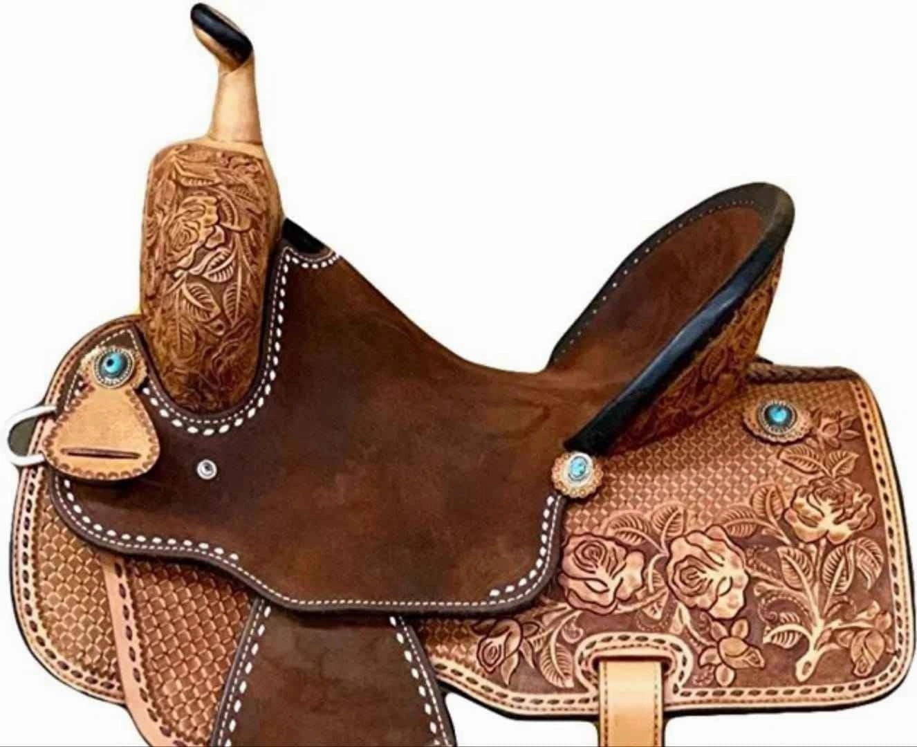 Horse Saddle Barrel Racing Western Wooden Tree Handmade Premium Leather Comfort Horse Trail Equestrian Tooled Carved Horse Riding Saddle Size: 10"-18 inches Seat Available, FS03