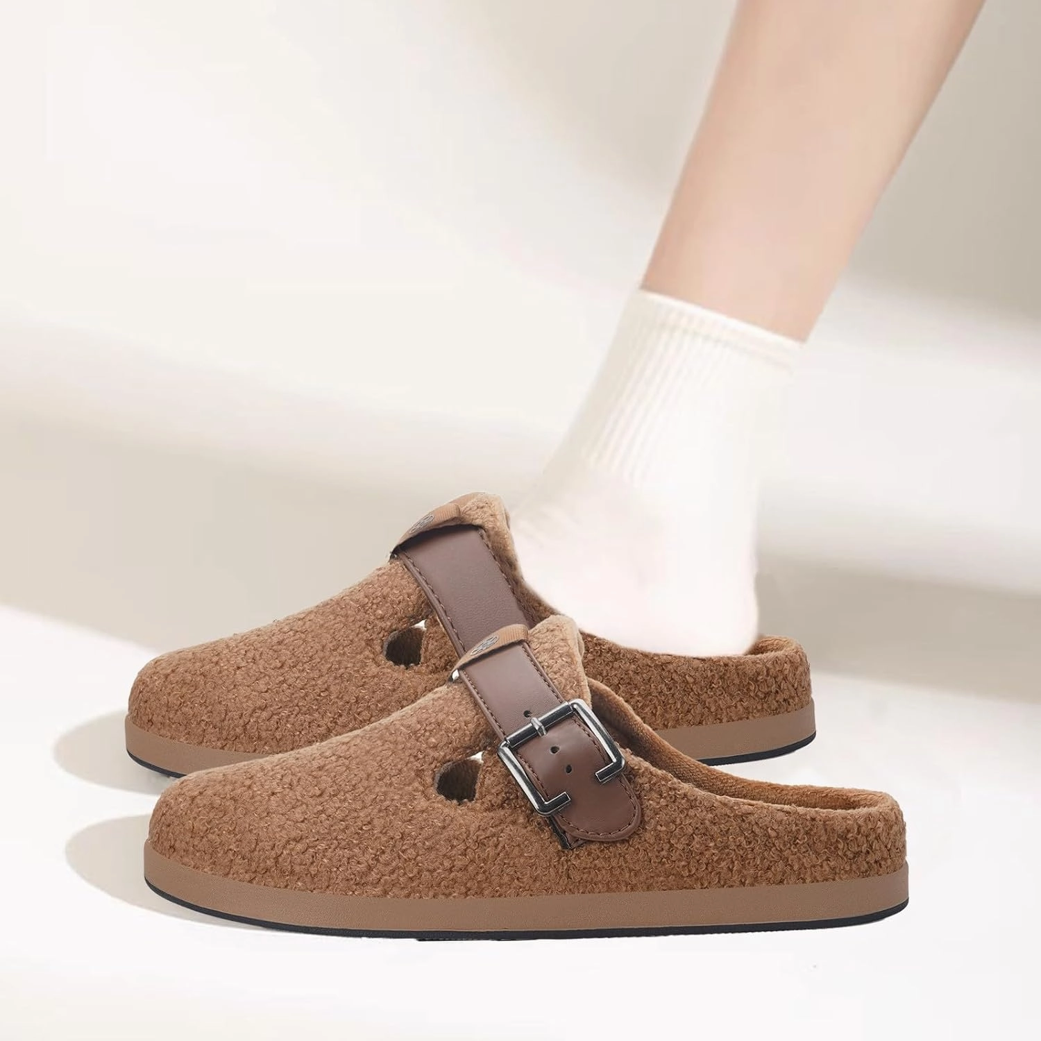 Hsyooes Women's Men's Fuzzy Slippers Orthotic Arch Support Fleece Lined House Slippers Comfy Winter Slip On Clogs for Plantar Fasciitis Indoor Outdoor with Adjustable Buckle