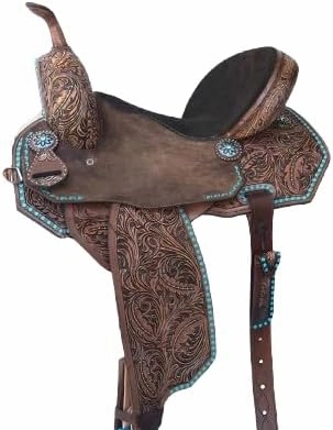 Humayl Saddlery Western Barrel Racing Wooden Tree Horse Saddles Handmade American Leather Comfort Horses Trail Equestrian Tooled Carved Horse Saddle Riding Size: 13" inches Seat